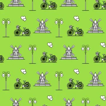 Seamless pattern with windmill, bicycle, lantern. 스톡 일러스트