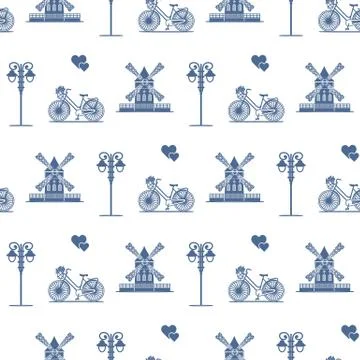Seamless pattern with windmill, bicycle, lantern. Stock Illustration