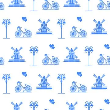 Seamless pattern with windmill, bicycle, lantern. イラスト素材