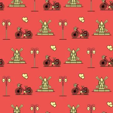 Seamless pattern with windmill, bicycle, lantern. 스톡 일러스트