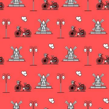 Seamless pattern with windmill, bicycle, lantern. Stock Illustration