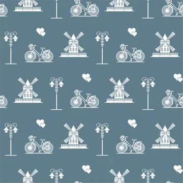 Seamless pattern with windmill, bicycle, lantern. Stock Illustration