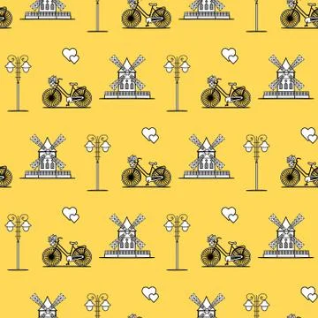 Seamless pattern with windmill, bicycle, lantern. Stock Illustration