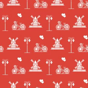 Seamless pattern with windmill, bicycle, lantern. Stock Illustration