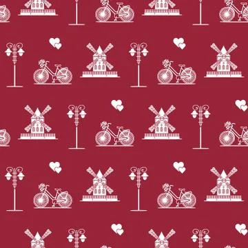 Seamless pattern with windmill, bicycle, lantern. Stock Illustration