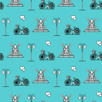 Seamless pattern with windmill, bicycle, lantern. Stock Illustration