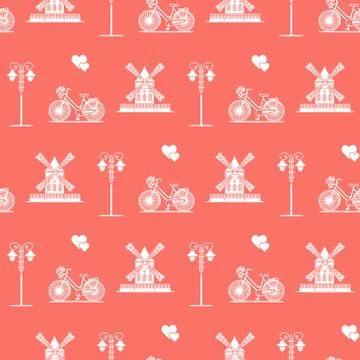 Seamless pattern with windmill, bicycle, lantern. Stock Illustration