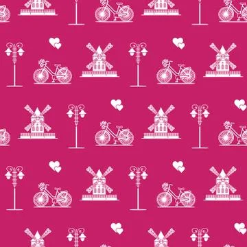 Seamless pattern with windmill, bicycle, lantern. Stock Illustration