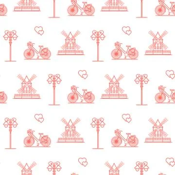 Seamless pattern with windmill, bicycle, lantern. Stock Illustration