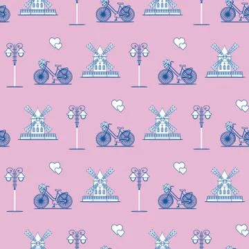 Seamless pattern with windmill, bicycle, lantern. Stock Illustration