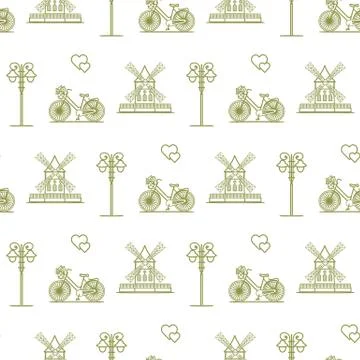 Seamless pattern with windmill, bicycle, lantern. 스톡 일러스트