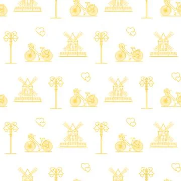 Seamless pattern with windmill, bicycle, lantern. Stock Illustration