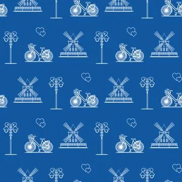 Seamless pattern with windmill, bicycle, lantern. Stock Illustration
