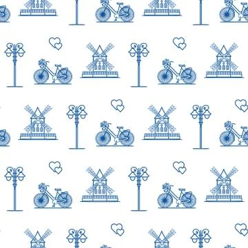 Seamless pattern with windmill, bicycle, lantern. 스톡 일러스트