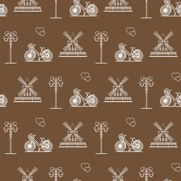 Seamless pattern with windmill, bicycle, lantern. Stock Illustration