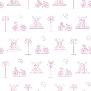 Seamless pattern with windmill, bicycle, lantern. Stockillustratie