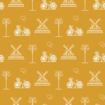 Seamless pattern with windmill, bicycle, lantern. Stock Illustration