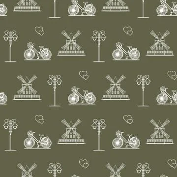 Seamless pattern with windmill, bicycle, lantern. Illustrazione stock
