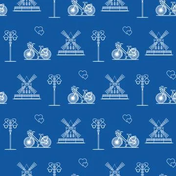 Seamless pattern with windmill, bicycle, lantern. 스톡 일러스트