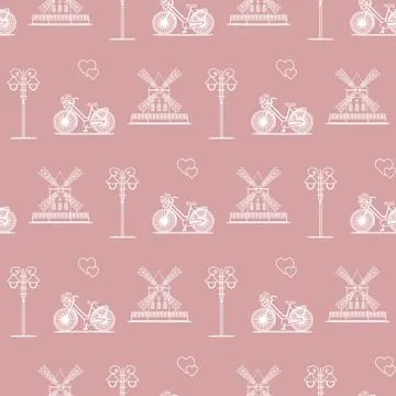 Seamless pattern with windmill, bicycle, lantern. Stock Illustration
