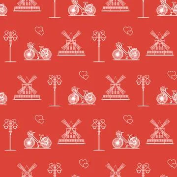Seamless pattern with windmill, bicycle, lantern. Stock Illustration