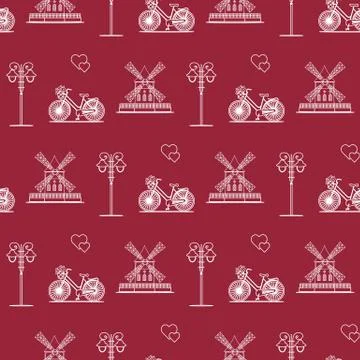Seamless pattern with windmill, bicycle, lantern. Stockillustratie