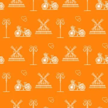 Seamless pattern with windmill, bicycle, lantern. Stock Illustration