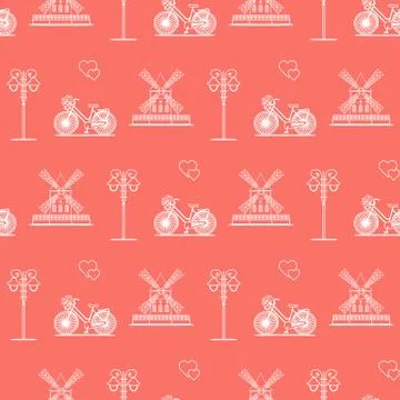 Seamless pattern with windmill, bicycle, lantern. 스톡 일러스트