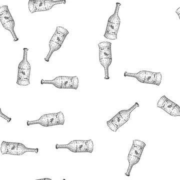 Seamless pattern Wine bottle drawing with grape cluster on label Illustrazione stock