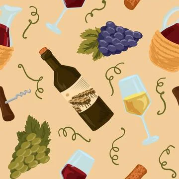 Seamless pattern with wine bottle, grape, glass of white and red wine. Winery Stock Illustration