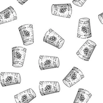 Seamless pattern Wine cork with grape bunch drawing illustration Illustrazione stock