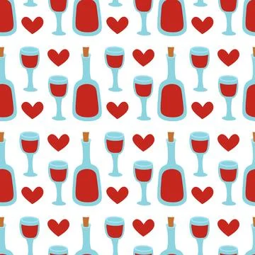 Seamless pattern with wine glass, bottle and heart. Red wine background Stock Illustration