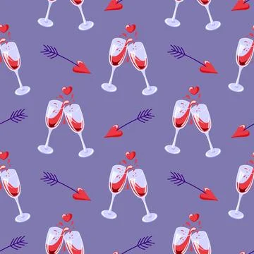 Seamless pattern with wine glass, red heart and arrow on a purple background Stock Illustration