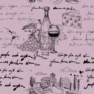 Seamless pattern Wine grape branche, bottles, glasses, vineyard, unreadable t Illustrazione stock