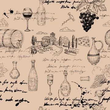 Seamless pattern Wine grape branche, bottles, glasses, vineyard, unreadable t Stock Illustration
