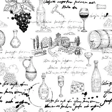 Seamless pattern Wine grape branche, bottles, glasses, vineyard, unreadable t Illustrazione stock