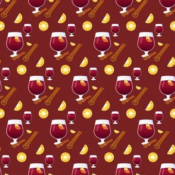 Seamless pattern with wine, mulled wine and lemon and cinnamon. Stock Illustration