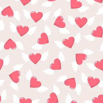 Seamless pattern with winged pink hearts on a beige background Stock Illustration