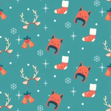 Seamless pattern, winter accessories, hat, socks, antlers, bells Stock Illustration