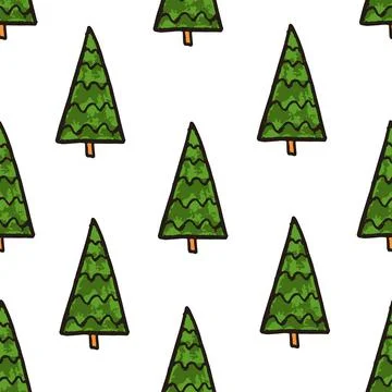 Seamless pattern of winter cartoon forest. Green fir trees on a white background Stock Illustration