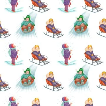 Seamless pattern. Winter. Children's fun. Children play outside, ride downhill. Stock Illustration