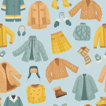 The seamless pattern with winter clothes. Coats, The vector set of winter clo Stock Illustration