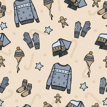 Seamless pattern of winter clothes with ornament. Stock Illustration