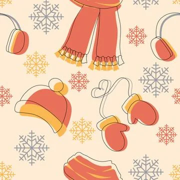 Seamless pattern with Winter clothes. Scarf, Hat, Mittens and Earmuffs on the Stock Illustration