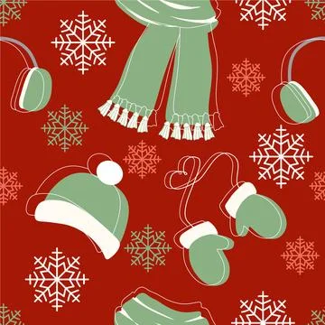 Seamless pattern with Winter clothes. Scarf, Hat, Mittens and Headphones on.. Stock Illustration