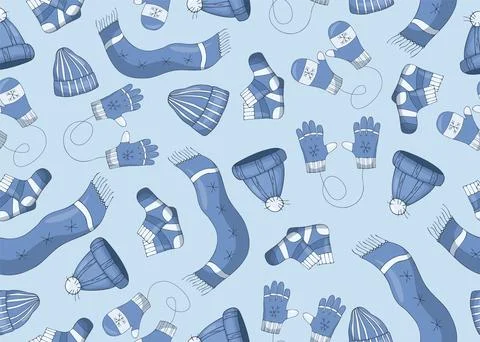 Seamless pattern with winter clothes, scarfs, hats, gloves and mittens and socks イラスト素材
