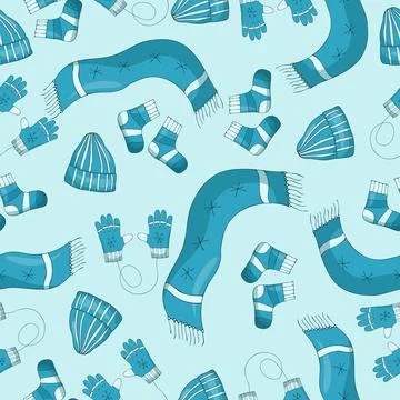 Seamless pattern with winter clothes, scarfs, hats, gloves and mittens and socks Stock Illustration