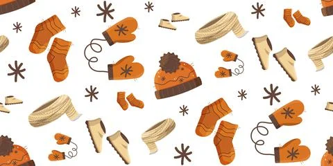 Seamless pattern with winter clothes socks, hat, boots, mittens. Orange, beig Stock Illustration