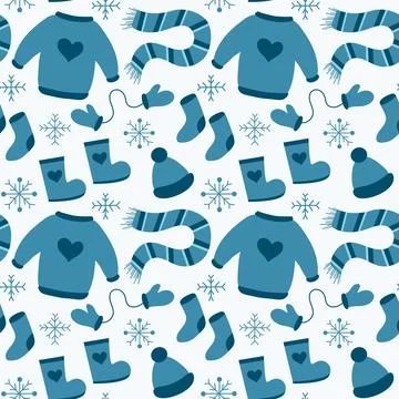 Seamless pattern with winter clothes. Sweater, socks, boots, scarf, mittens Stock Illustration