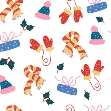 Seamless pattern with winter clothing. Scarf, mittens and hat. Cozy warm seas Stock Illustration